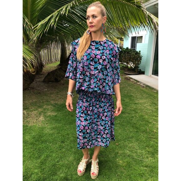 Vintage 80s does 20s Dropped Waist Tropical Hawaiian Flowy Dress | Small Medium - Picture 5 of 10